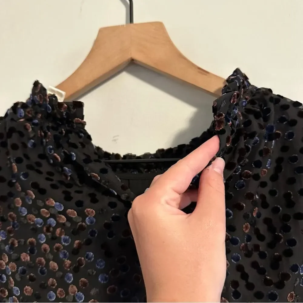 Anthropologie Shoshanna Black Brown Velvet Polka Dot Blouse Top Large